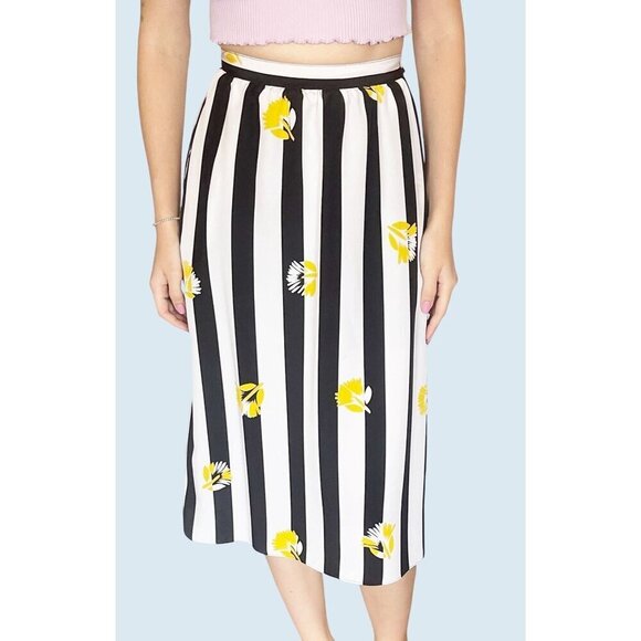 Vintage SASSON Black & White Striped Floral Skirt 80s / 90s Size S - Picture 1 of 8